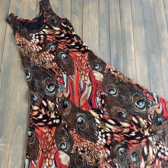 Karen Kane Sleeveless Scoop Neck Midi Hi-Lo Dress Peacock Feathers Large (Q8) - Picture 1 of 11